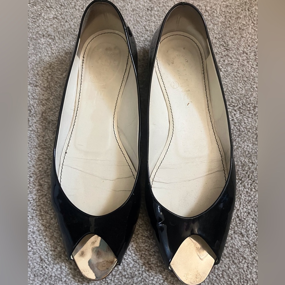 Chanel black patent leather Womens peep toe flats size 40.5 (9-9.5) shoes